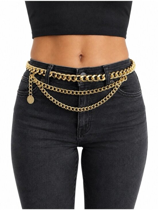 Belt Long Rope Link Chain Shiny Goldtone Adjustable 3 Layer Women\'s Y2K 33\